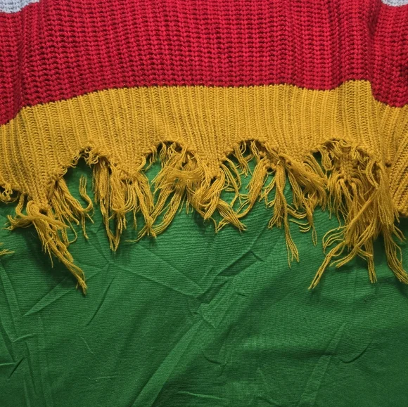 Knit Cropped Red Yellow Brown Blue Fringe Hem Sweater Size Large - Picture 4 of 6